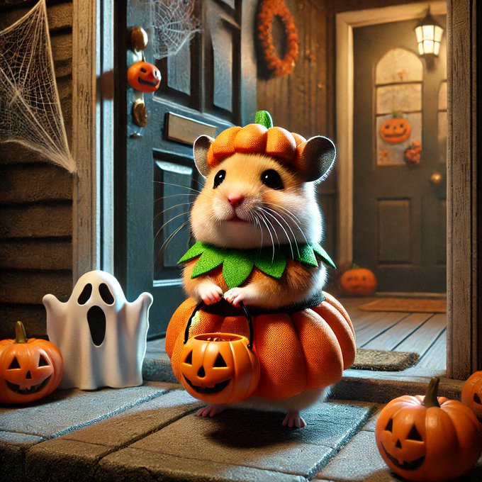 A cute hamster in a pumpkin costume stands on a Halloween-decorated porch among jack-o'-lanterns, a ghost, cobwebs, and an orange wreath.