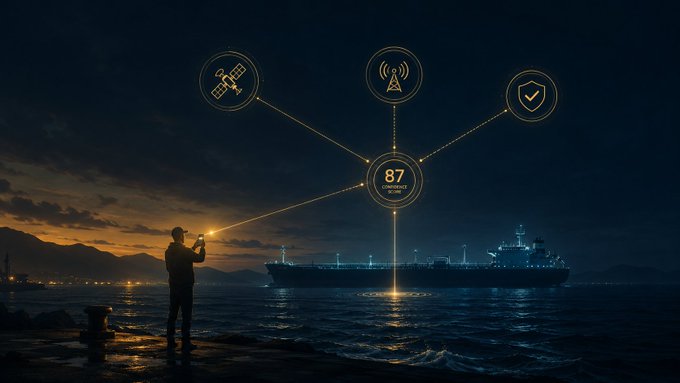 A person stands on shore at sunset looking at a tanker ship, with digital interface overlays showing satellite, signal, and checkmark icons connected to a central '87 CONNECTED SYSTEMS' display.