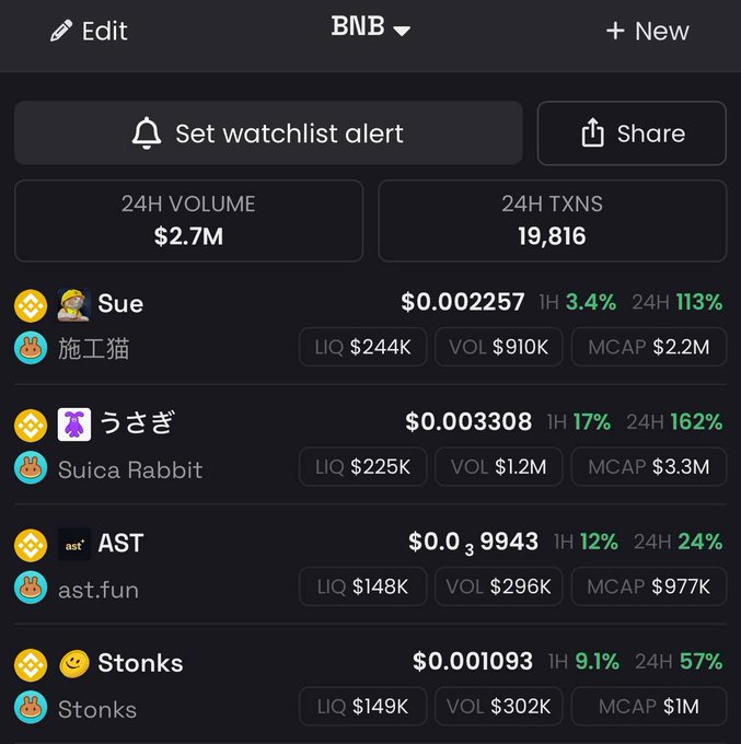 A cryptocurrency tracking app screenshot showing BNB network tokens including Sue ($0.002257, +113%), Suica Rabbit ($0.0003308, +162%), AST ($0.0039943, +24%), and Stonks ($0.001093, +57%) with their respective metrics.