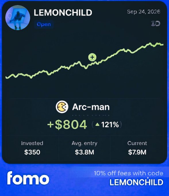 A promotional graphic for 'fomo' showing a user named LEMONCHILD with a portfolio showing +$804 (121%) gain on Arc-man investment, with invested $350, avg. entry $3.8M, and current value $7.9M, offering 10% off fees with code LEMONCHILD.