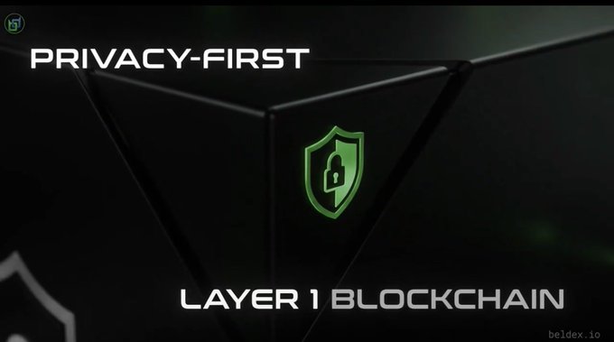 A graphic displaying the text 'PRIVACY-FIRST' and 'LAYER 1 BLOCKCHAIN' with a green padlock shield icon.
