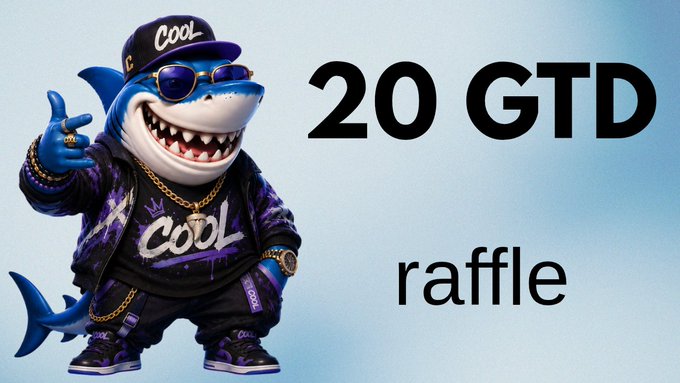 An animated shark character wearing sunglasses, a cap, and streetwear with 'Cool' printed on it stands next to bold text reading '20 GTD raffle'.