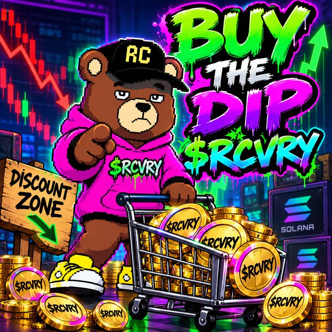 Colorful cartoon illustration of a bear wearing a pink hoodie and an 'RC' cap, pushing a shopping cart full of $RCVRY coins with 'BUY THE DIP $RCVRY' and 'DISCOUNT ZONE' signs.