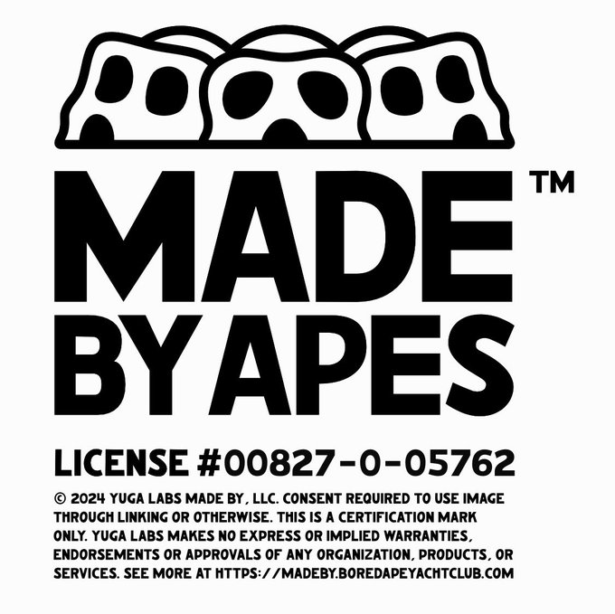A certification mark from Yuga Labs featuring three skull illustrations above the bold text 'MADE BY APES™' with license #00827-0-05762, noting that consent is required to use the image through linking or otherwise.