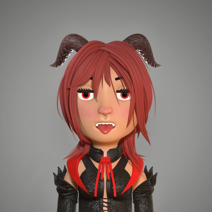 A 3D anime-style character with red hair, demon horns, red eyes showing fangs, and a black and red outfit stares forward against a gray background.