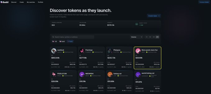 A screenshot of the Sushi DEX token launchpad interface titled 'Discover tokens as they launch' showing various memecoins like 'Hashcat,' 'Flamingo,' 'Platypus,' and 'More pools more fun' with their market caps.