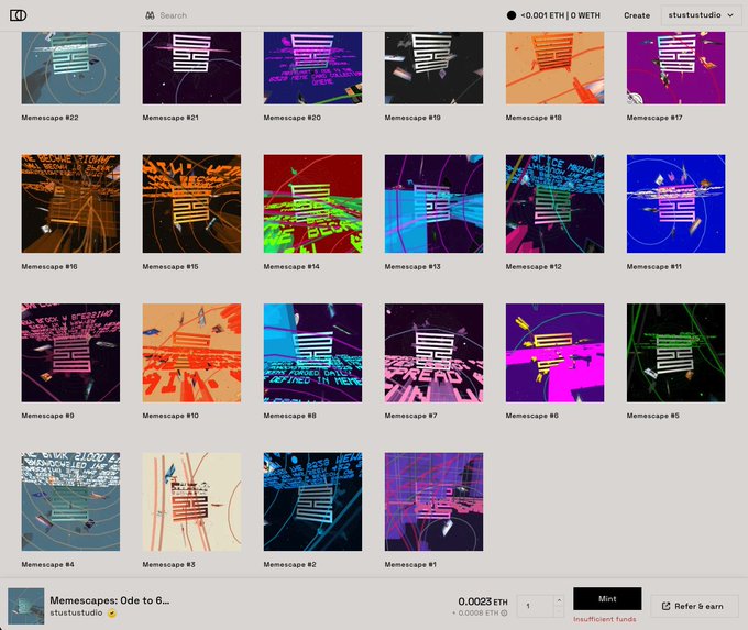 The image presents an array of colorful drawings or artwork, possibly from a meme collection called Memescapes. The posts are labeled with numbers or letters like 'L1', 'Ode to', 'Base', 'Shape' and some other terms that may indicate different aspects of these artworks. The content is related to the post's title: "Hey @opensea Cc @dfinzer Looking for assistance getting my valid gen art collection relisted: Memescapes: Ode to 6529 (L1) The collection was purposefully dropped on 3 chains for collector choice. (L1eth, Base, Shape)" This might suggest that the viewer needs help in relisting a specific art piece from this collection based on its description or some other criteria.