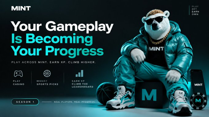 An advertisement for MINT featuring an anthropomorphic polar bear in sunglasses and teal streetwear reads 'Your Gameplay Is Becoming Your Progress' with options for Casino, Sports Picks, and a Leaderboard.