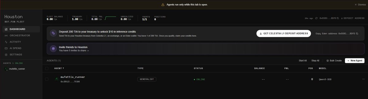 A dashboard for "Houston" by bot.fun fleet, showing a 0.00 TIA fleet balance, 1/1 online agent ("muffettis_runner" running Qwen3-32B), and prompts to deposit 200 TIA to unlock $10 in inference credits and invite friends.