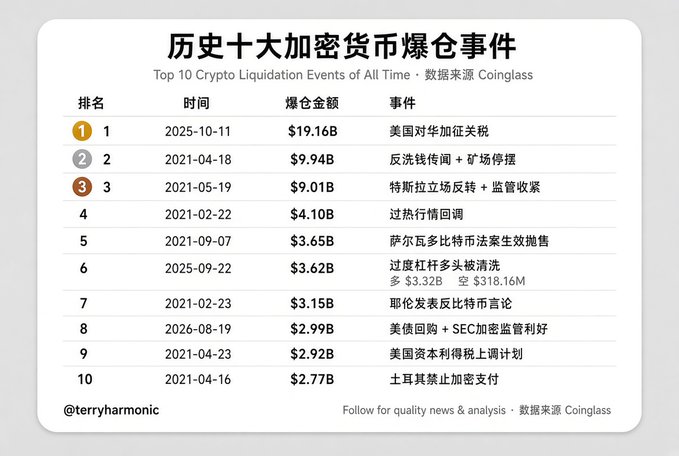 A chart titled 'Top 10 Crypto Liquidation Events of All Time' (data source Coinglass), listing events with dates and amounts in Chinese, including the #1 event on 2025-10-11 for $19.16B due to US tariffs on China.