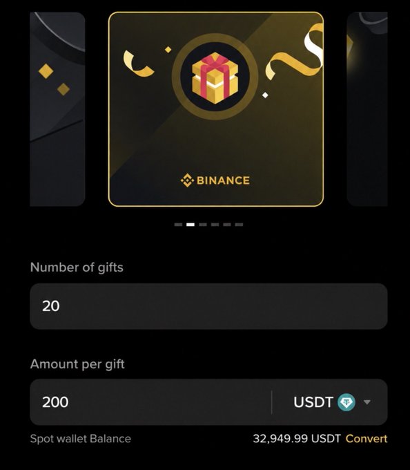A Binance gift distribution interface showing 20 gifts of 200 USDT each (totaling 4,000 USDT), with a spot wallet balance of 32,949.99 USDT displayed. The image supports a social media giveaway claiming to send free USDT gifts to 20 people who submit their wallet addresses.

⚠️ **Caution:** This appears to be a common cryptocurrency scam. Legitimate giveaways rarely require you to submit your wallet address, and scammers often use fake Binance interfaces to lure victims into connecting wallets or sharing seed phrases, which can result in complete loss of funds. Do not engage with or submit wallet information to such posts.