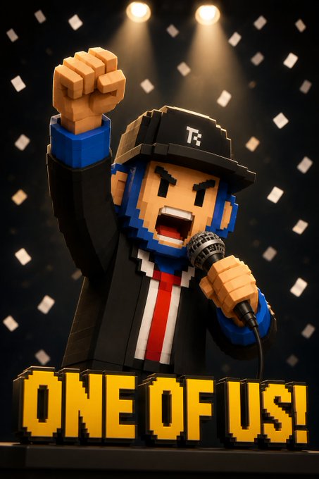 A voxel-style character wearing a black "T" cap and suit with red tie passionately speaks into a microphone with a raised fist, above bold "ONE OF US!" text, capturing the energetic hype and rallying spirit for the Rockateral NFT minting day.