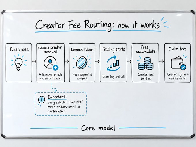 A whiteboard-style infographic titled 'Creator Fee Routing: how it works' showing a six-step process from Token idea to Claim fees, with an 'Important' note clarifying that being selected does not mean endorsement.