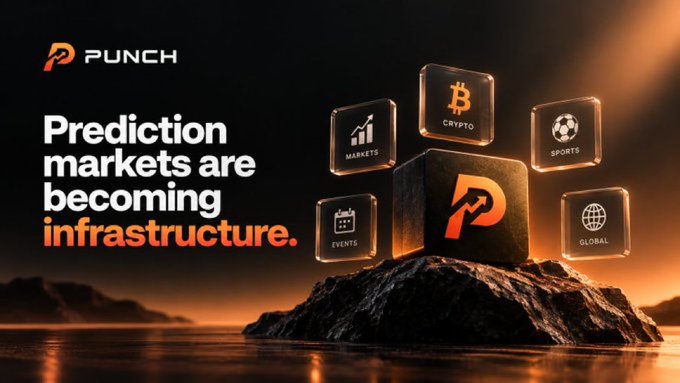 A promotional banner for PUNCH stating 'Prediction markets are becoming infrastructure,' featuring floating cubes labeled Markets, Crypto, Sports, Events, and Global.