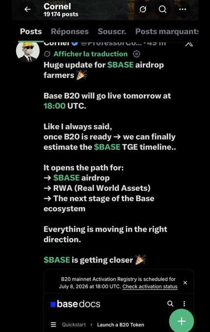 A screenshot of a tweet from "Cornel" (@ProfessorCornel) announcing a massive $BASE airdrop update, claiming Base B20 mainnet goes live tomorrow at 18:00 UTC, which opens the path for "$BASE airdrop," RWA (Real World Assets), and "the next stage of the Base ecosystem." The tweet contrasts with the post's caption, which accuses Cornel of stealing content and spreading misinformation about Base for engagement.