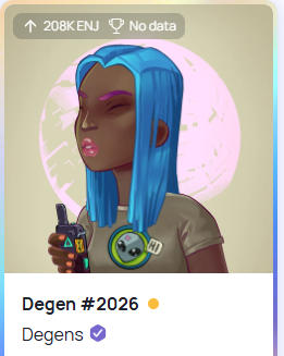The image shows a digital collectible NFT profile card from the Enjin platform featuring a stylized character with bright blue hair holding a smartphone, labeled "Degen #2026" with the hashtag #ENJ and "208K ENJ" displayed at the top. The accompanying post likely celebrates owning this specific Enjin-based NFT asset, with the dark-skinned character with pink lipstick serving as their unique digital collectible identity.