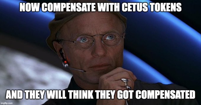 A meme featuring a contemplative man wearing a hat and headset with the text "NOW COMPENSATE WITH CETUS TOKENS AND THEY WILL THINK THEY GOT COMPENSATED," relating to the post's complaint about Cetus Protocol's deceptive compensation that devalued a $10K position to $4K.