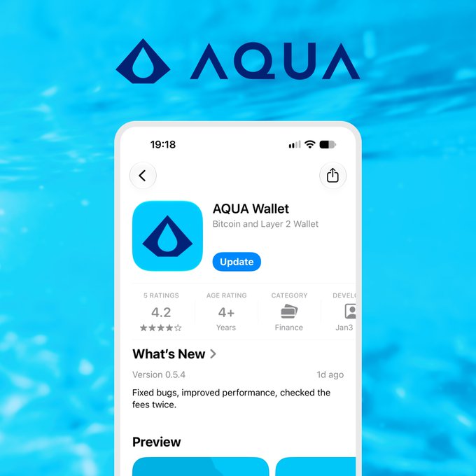 The image shows the AQUA Wallet app listing in an app store, displaying Version 0.5.4 (1d ago) with a "Update" button, noting "Fixed bugs, improved performance, checked the fees twice." It directly illustrates the post's call to action, encouraging users to download the latest update for an improved transaction experience.