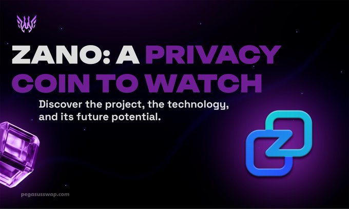 A promotional graphic titled 'ZANO: A PRIVACY COIN TO WATCH' invites viewers to 'Discover the project, the technology, and its future potential,' branded by pegasuswap.com with a purple crystal and Zano logo.
