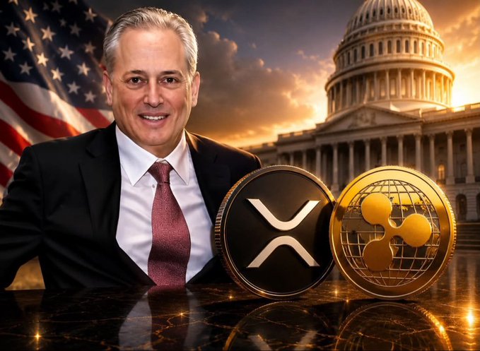 A man in a suit and red tie stands in front of an American flag and the U.S. Capitol building, with XRP and Ripple cryptocurrency coins displayed in the foreground.