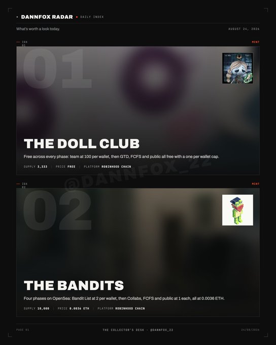 A screenshot of the "DANNFOX RADAR" daily index dated August 24, 2026, listing two collections: #01 "THE DOLL CLUB" and #02 "THE BANDITS," with details on supply, price, and platform (Robhoods Chain).