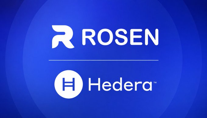 A blue graphic displaying the Rosen logo above the Hedera (HBAR) logo, indicating a partnership or integration between the two.