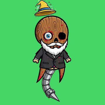 A cartoon character with a wood-textured head, eyepatch, mustache, suit, and a drill-bit leg, wearing a wizard hat floating above its head, on a green background.