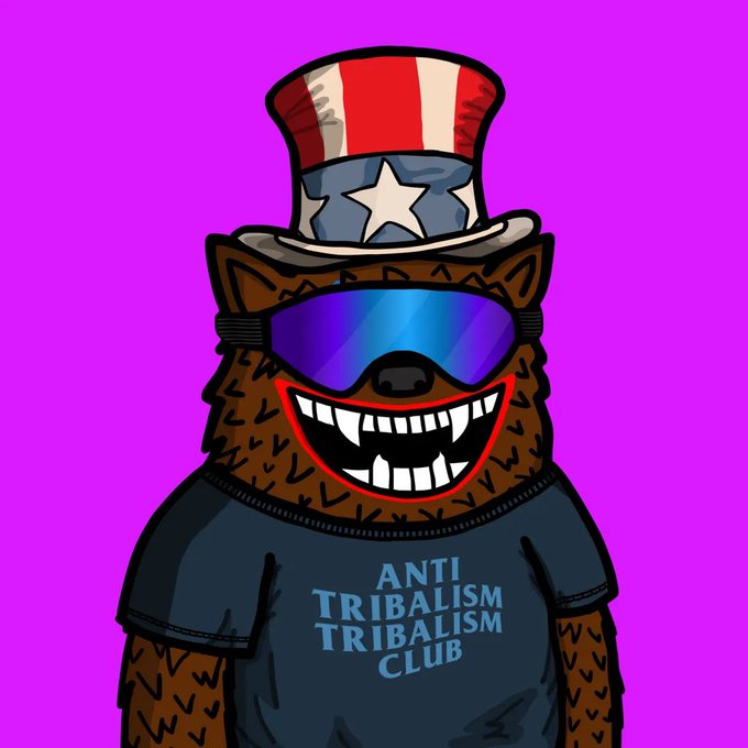 A cartoon illustration of a grinning brown bear wearing an Uncle Sam top hat and blue goggles, wearing a shirt labeled 'ANTI TRIBALISM TRIBALISM CLUB' against a bright purple background.