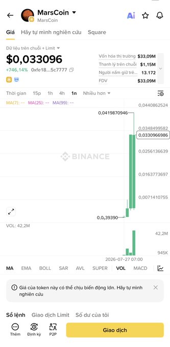 A Binance trading chart for MarsCoin (MarsCoin) showing a price of $0.033096 with a 746.14% increase, displaying a dramatic upward green candlestick surge.