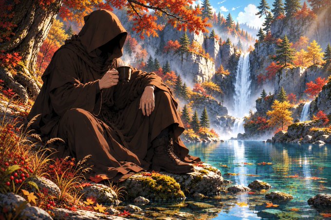 A hooded figure in dark robes sits by a vibrant turquoise lake, drinking from a cup while taking in a scenic autumn landscape featuring waterfalls, cliffs, and red and orange foliage.