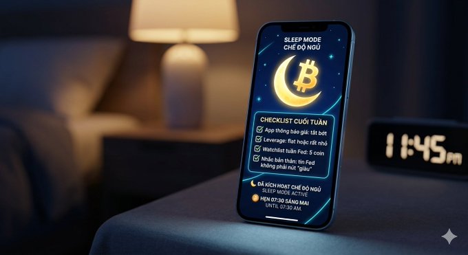 A smartphone displays a "SLEEP MODE" app with Vietnamese text "CHẾ ĐỘ NGỦ" featuring a crescent moon and Bitcoin logo, a weekend checklist ("CHECKLIST CUỐI TUẦN"), and an activation message.