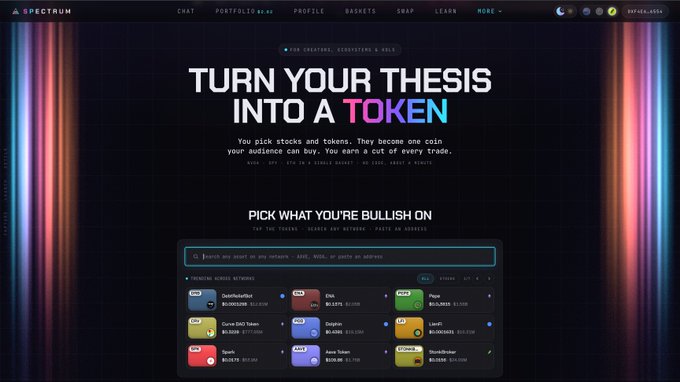 A Spectrum platform webpage with the headline 'TURN YOUR THESIS INTO A TOKEN' displaying trending memecoin networks like Dollorhat, Cirk, Pepe, Curse DAO Token, Sigma, Kama Token, and ObolonStar.