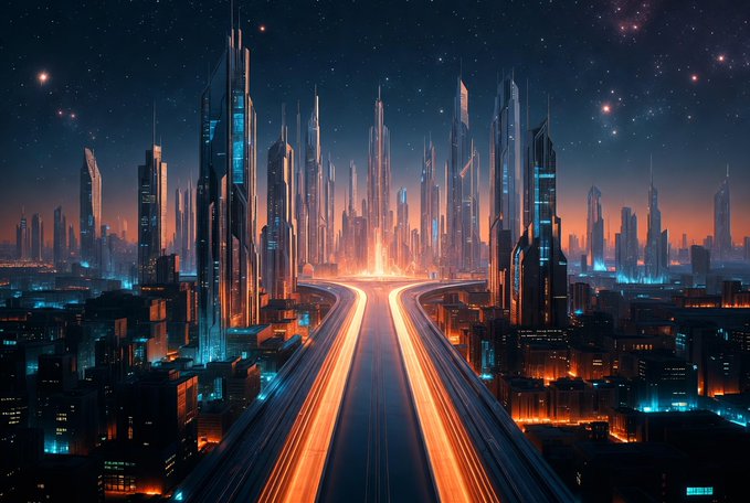A futuristic sci-fi cityscape at night featuring towering skyscrapers illuminated with blue lights, with glowing orange light trails on highways leading toward a bright central horizon under a starry sky.