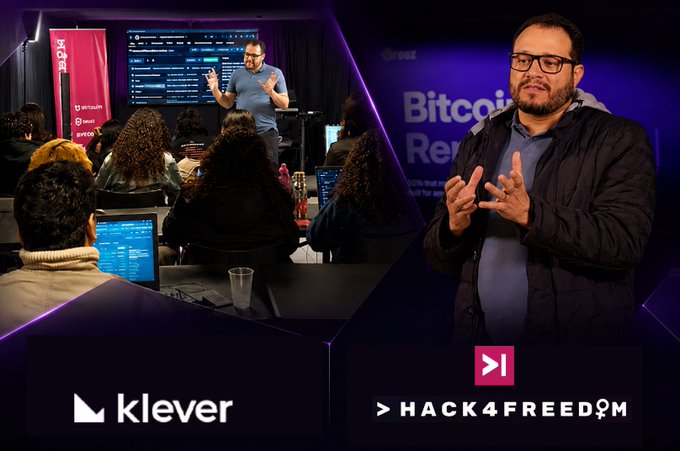 A man speaks passionately at a Bitcoin meetup in a tech-filled venue with attendees working on laptops, alongside branded graphics for "Klever," "HashKey," "Bitcoin," and "HACK4FREEDOM." The image captures the collaborative Web3 energy referenced in the post, showcasing the community-driven discussions and connections that made the event memorable.