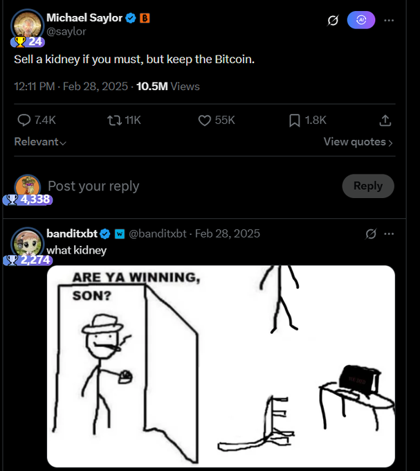 The image shows a twitter feed with two posts about Bitcoin. One post questions whether Bitcoin can survive President Trump's presidency, while another post offers tips for selling Bitcoins online. The posts are from several people including a user named "Miley". The first post includes a graphic of an auction, and the second post features a drawing of a person sitting at a desk. These elements make the posts visually appealing and engaging to the audience.