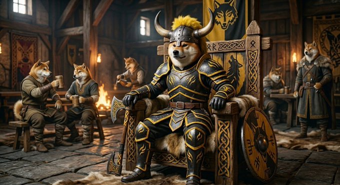 A fantasy illustration of a Shiba Inu dog dressed as a Viking warrior sitting on a throne, surrounded by other canine warriors in a mead hall.