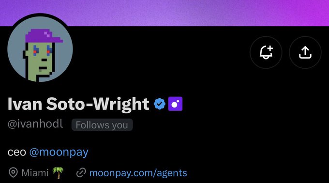 A Twitter/X profile screenshot of Ivan Soto-Wright (@ivanhodl), CEO of @moonpay, with a "Follows you" badge, based in Miami. The image supports the post's claim that the CEO follows the author, which the poster interprets as a potential sign of receiving a five-figure crypto "stimmy" from MoonPay.