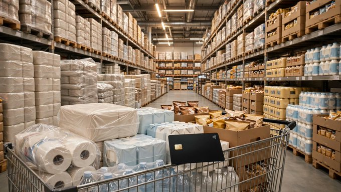 A shopping cart overflowing with packaged paper products, bottled water, and a black laptop, parked in the aisle of a large warehouse store stocked with bulk goods.