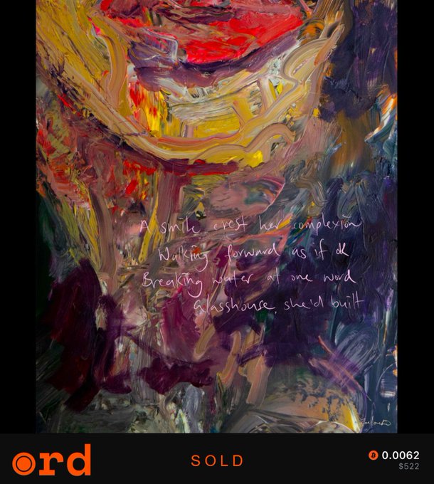 An abstract painting with swirling colors of purple, yellow, and red, featuring handwritten text beginning 'A smith crest her complexion,' displayed on the 'ord' platform, marked 'SOLD' for $522 with a price of 0.0062.