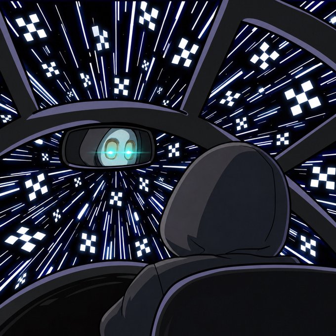 An animated robot with glowing green eyes looks ahead from inside a cockpit while traveling at warp speed through a tunnel of streaking light and pixelated squares, symbolizing fast, high-tech trading. The image visually reinforces the post's message about @okx being a smooth and reliable platform for executing major trades.