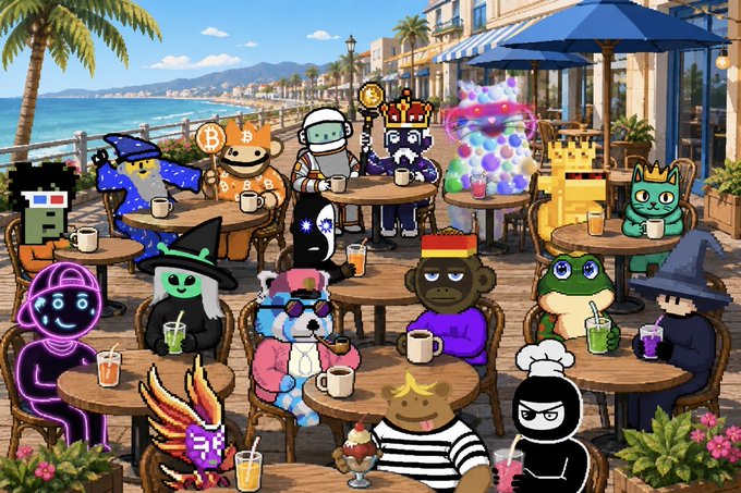 A colorful cartoon illustration depicts various cryptocurrency mascots, including Bitcoin, Ethereum, Pepe, Pudgy Penguins, and others, gathered at outdoor tables enjoying drinks on a sunny boardwalk with the ocean in the background.
