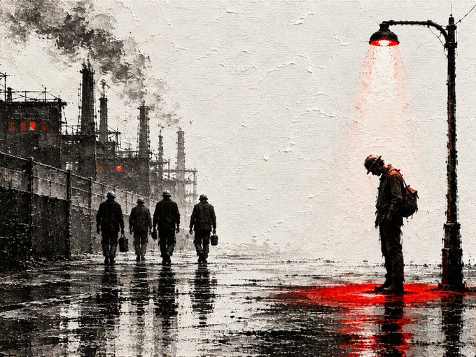 A moody, grayscale digital painting of industrial workers walking past a factory, with one figure standing under a glowing red streetlight.
