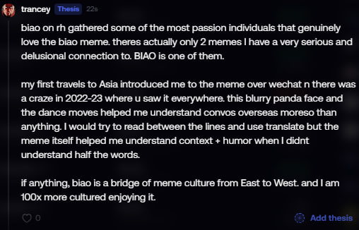 A Discord post from user 'trancey' discussing the 'biao on rh' meme, describing it as a bridge of meme culture from East to West.