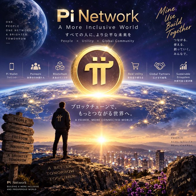 A promotional poster for Pi Network displaying the tagline 'A More Inclusive World,' featuring a large Pi coin and a figure overlooking a city at sunrise.