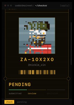 A pixel art checker interface showing ZA-10X2X0 by @mickie_xih with status marked as PENDING.