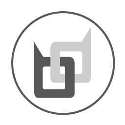 A circular gray and white logo featuring abstract geometric shapes resembling stylized brackets or frames interlocked within a circle.