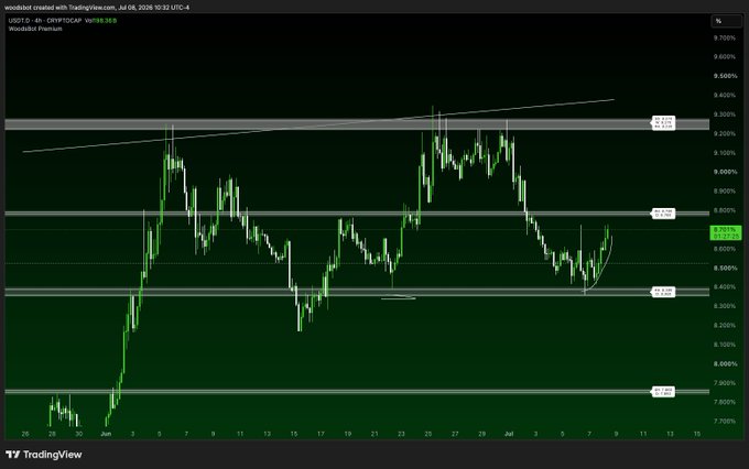 A 4-hour TradingView chart of USDT.D (Tether dominance) shows price action around 8.75% after bouncing off the 8.21% support, with multiple horizontal levels marked at 8.23%, 8.77%, 8.92%, and 9.25%. The post highlights this as a key confluence for crypto's inverse movement, since rising USDT dominance typically signals capital flowing out of risk assets like Bitcoin and altcoins.