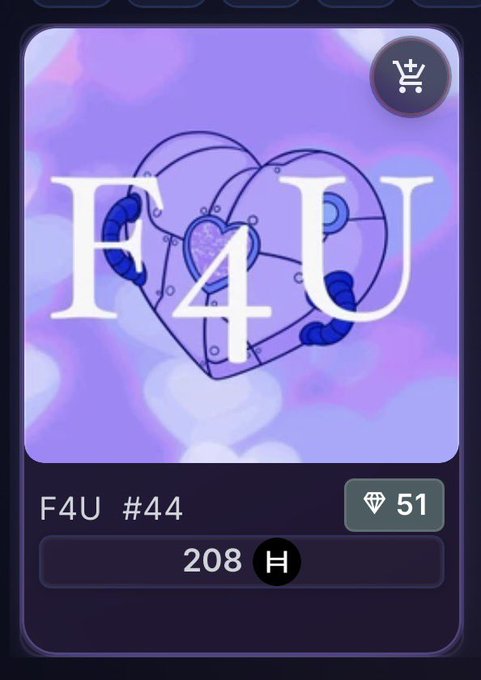 A digital collectible card labeled 'F4U #44' with a price of 208 and a gem count of 51, featuring a heart-shaped design with headphones and the text 'F4U'.