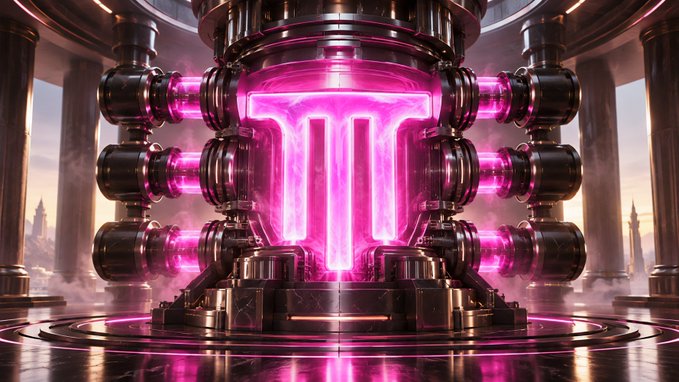 A futuristic sci-fi machine or reactor with glowing pink energy tubes arranged in a symmetrical cylindrical structure.