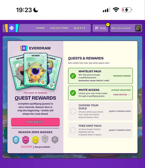 A screenshot of the Everdraw Quests page showing 'QUEST REWARDS' for Season Zero, with completed items like 'WHITELIST PACK' and 'INVITE ACCESS' unlocked, alongside upcoming quests 'CHOOSE YOUR GUILD' and 'FREE MINT PACK'.